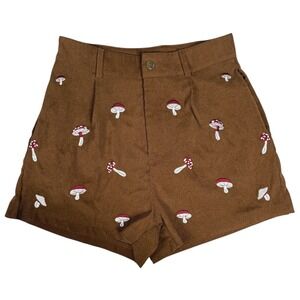 ROMWE Brown Corduroy Shorts Small Embroidered Mushroom Cottagecore High Waist